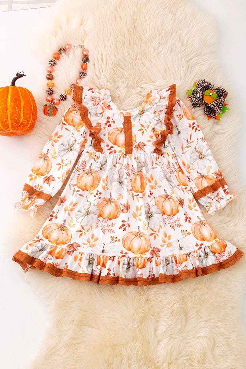 green emerald velvet dress Infant Girl Embroidered Fall Pumpkin Dress 12M