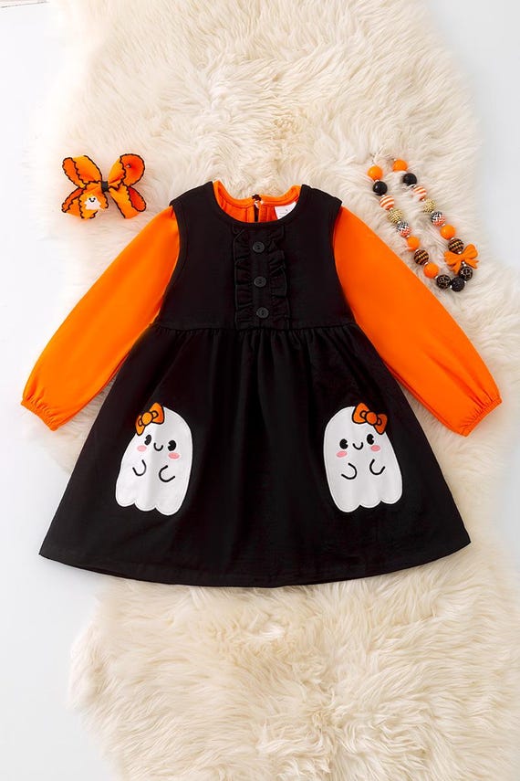 Black ghost applique dress with orange undershirt. OFG51174 Black ghost applique dress with orange undershirt. OFG51174