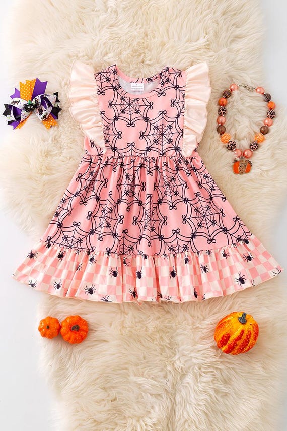 open lace back dress Pink and Orange Patterned Mini Dress with High Collar, Long Sleeves, Ruffle Hem, Elastic Back & Full Lining – Manae Dress by Easy Clothes – Size L main image 0