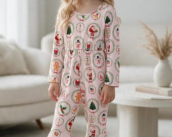Lt.pink Christmas printed girls jumpsuit