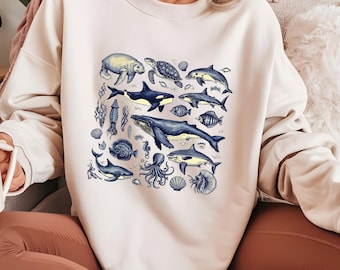 Suéter retro del océano, sudadera vintage con animales marinos, suéter con lindas criaturas marinas, regalos del océano, sudadera unisex cálida y acogedora, amantes del océano