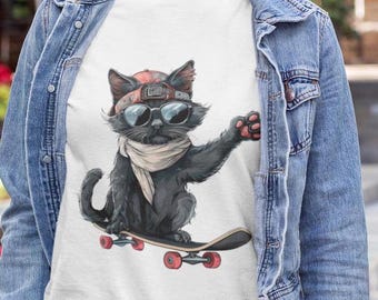 Skateboarding Cat T-Shirt, Cool Kitten Graphic Tee, Unisex Softstyle