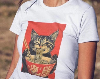 Ramen Cat T-Shirt, Retro Noodle Tee, Funny Foodie Shirt