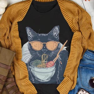 Noodle Cat Shirt, Ramen Cat T-Shirt, Foodie Lover Shirts, Funny Cat Noodle T-Shirts, Retro Cat Tees, Cat Lover Sweatshirts, Black Cat Tee