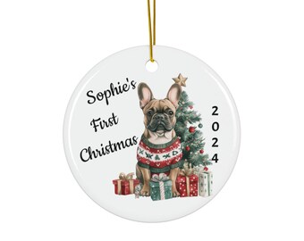 Adorno personalizado de bulldog francés: La primera Navidad de tu perro, recuerdo de cerámica personalizado