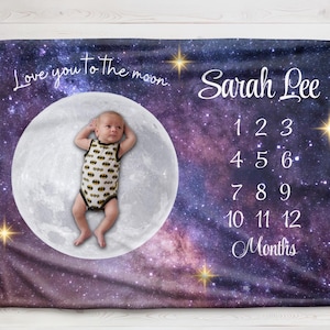 Manta personalizada con el lema "Luna y galaxia" para el hito del bebé: te amo hasta la luna y más allá, manta con foto, rastreador de crecimiento, regalo para baby shower