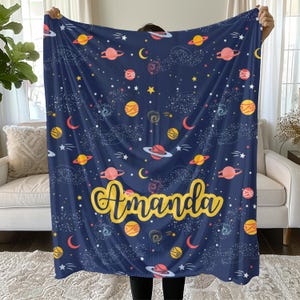 Manta de felpa de terciopelo suave con estrellas y planetas personalizada
