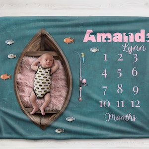 Personalized Girl&#39;s Fishing Baby Milestone Blanket - Reel in the Memories! baby girl fishing photo blanket, growth tracker, baby shower gift