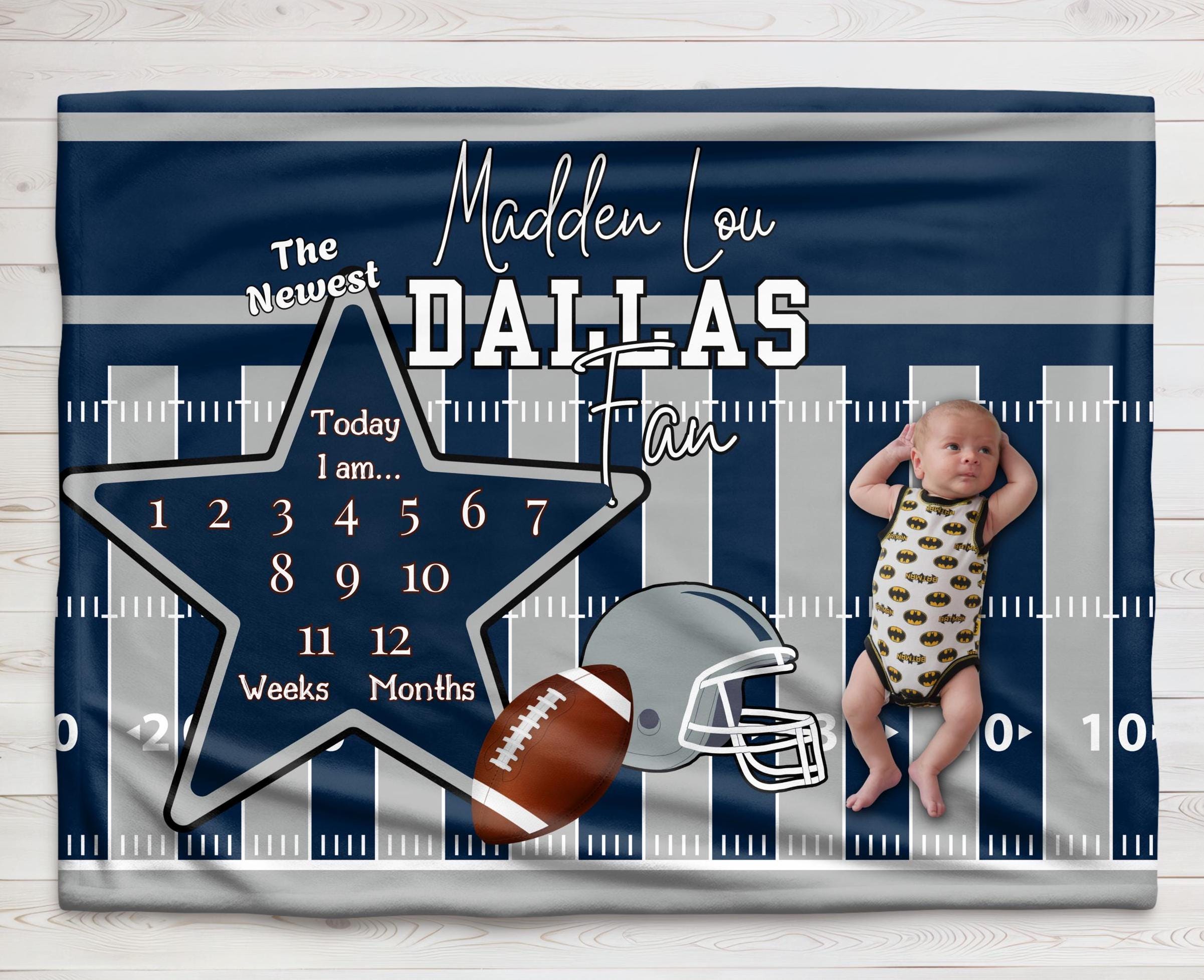 Dallas Baby Milestone Minky Blanket –  Football fan, photo blanket, growth tracker, baby shower gift, baby boy,
