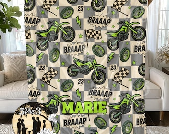 Personalized Dirt Bike Blanket | Custom Name Motocross Kids Blanket | Dirt Bike Baby Gift | Racing Nursery Decor