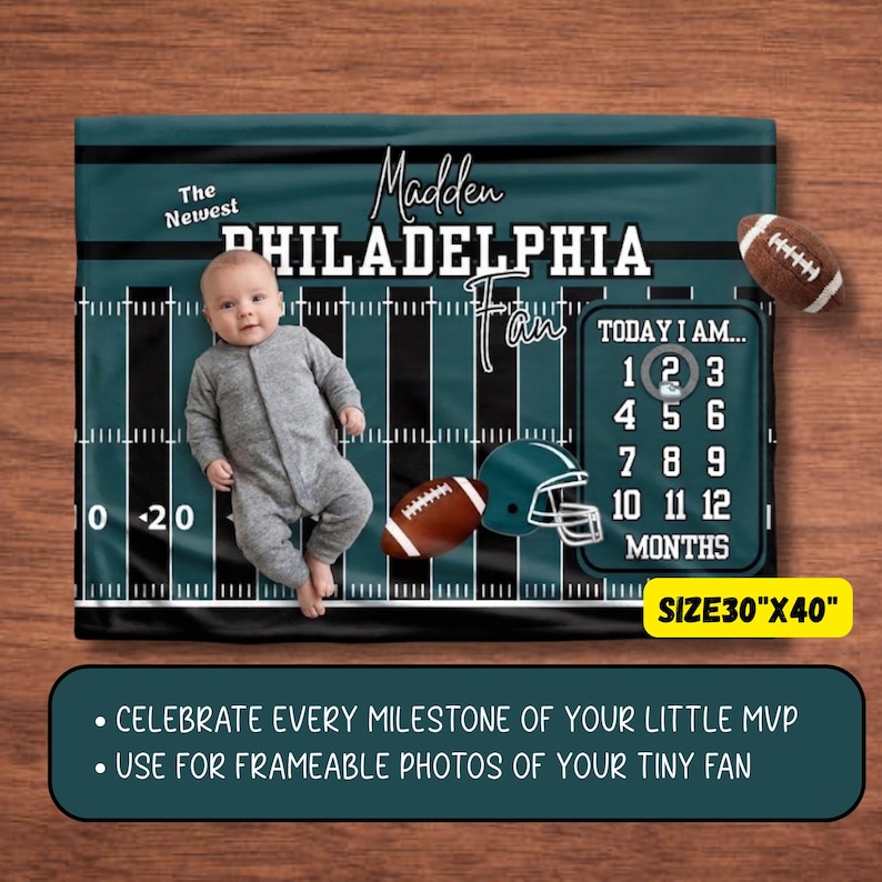 Może przedstawiać: Kocyk do zdjęć z kamieniami milowymi o tematyce futbolu amerykańskiego, o wymiarach 76 cm na 102 cm. Zawiera napis The Newest Madden Philadelphia Fan, grafikę piłki, kasku oraz kalendarz z liczbami od 1 do 12 oznaczającymi miesiące.
