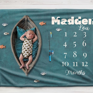 Personalized Fishing Baby Milestone Blanket - Reel in the Memories! baby boy gift, fishing photo blanket, growth tracker, baby shower gift