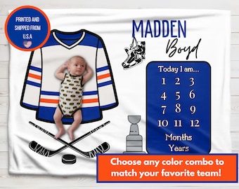 Couverture personnalisée Hockey Baby Milestone : couleurs du maillot personnalisées