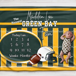 Manta Minky con el hito de Green Bay Baby: fanático del fútbol, manta con foto, rastreador de crecimiento, regalo de baby shower, bebé niño
