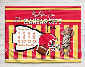 Kansas City Baby Milestone Minky Blanket –  Football fan, photo blanket, growth tracker, baby shower gift, baby boy,