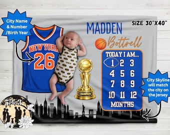 Couverture de basket-ball pour bébé, couverture personnalisée en maillot de basket-ball champion, couverture photo pour le mois du nouveau-né, cadeau de baby shower
