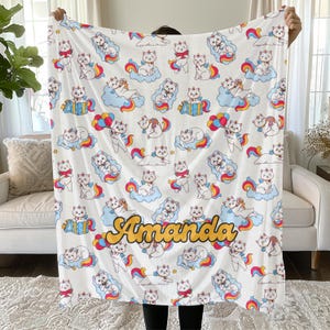 Rainbow Cat Velveteen Minky Blanket - Soft Personalized Throw - perfect baby gift, kids room decor