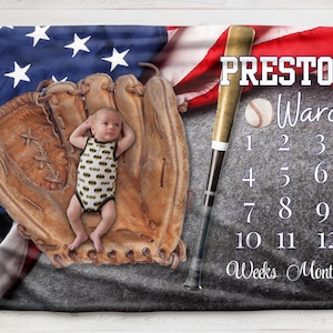 Manta Minky personalizada con el hito del béisbol para bebé: bandera estadounidense, béisbol, manta con foto, rastreador de crecimiento, regalo para baby shower, bebé niño