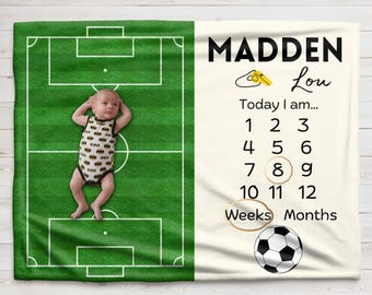 Couverture personnalisée Football Baby Milestone : accessoire photo, nom personnalisé