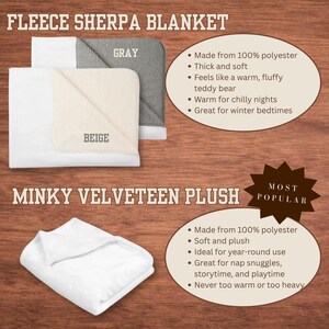 Może przedstawiać: Koce z polaru sherpa w kolorze szarym i beżowym z białym spodem oraz biały pluszowy koc minky velveteen. Tekst zawiera FLEECE SHERPA BLANKET, MINKY VELVETEEN PLUSH, MOST POPULAR oraz listy cech, takich jak skład w 100% z poliestru.