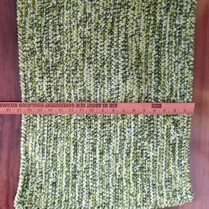 May include: Green and white woven rug with a textured surface. The rug is approximately 18 inches wide.
