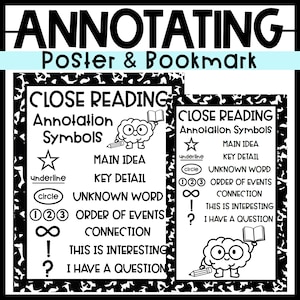 Close Reading Bookmark & Poster | Annotation Tool | Composition Notebook Themed