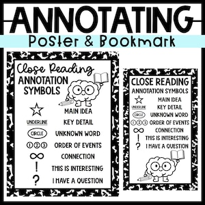 May include: A black and white educational poster and bookmark set featuring the text ANNOTATING Poster & Bookmark and Close Reading Annotation Symbols. The design includes a cartoon brain character and various symbols like stars, circles, and numbers.