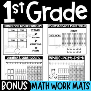 Op de afbeelding: Een zwart-wit educatieve wiskundewerkbladset voor 1st Grade getiteld Bonus Math Work Mats. Het bevat secties voor het vergelijken van gehele getallen, plaatsbepaling, optellen en aftrekken, en het geheel-deel-concept met getallenlijnen.