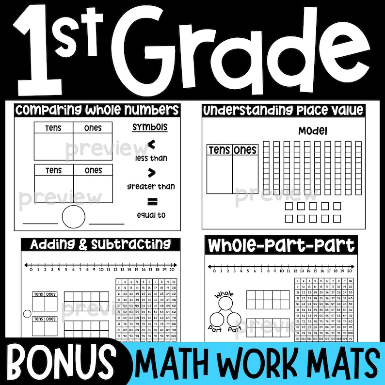 Op de afbeelding: Een zwart-wit educatieve wiskundewerkbladset voor 1st Grade getiteld Bonus Math Work Mats. Het bevat secties voor het vergelijken van gehele getallen, plaatsbepaling, optellen en aftrekken, en het geheel-deel-concept met getallenlijnen.