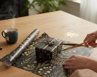 Elegant Black And Gold Wrapping Paper: Botanical Gift Wrap