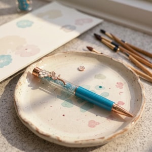 Crystal Floral Beaded Pen: Blue Glitter Pen with Rose Gold Flower