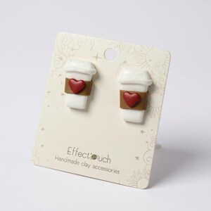 Mini Coffee Cup Earrings: Heart Polymer Clay Studs, Hypoallergenic