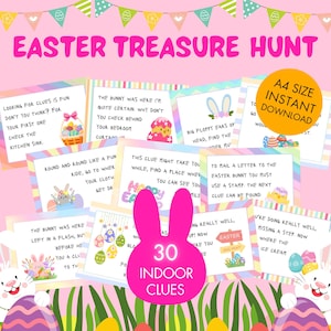 May include: A pink Easter treasure hunt game with 30 indoor clues. The design features Easter eggs, bunnies, and the text "Easter Treasure Hunt." An A4 size instant download, ideal for Easter activities.