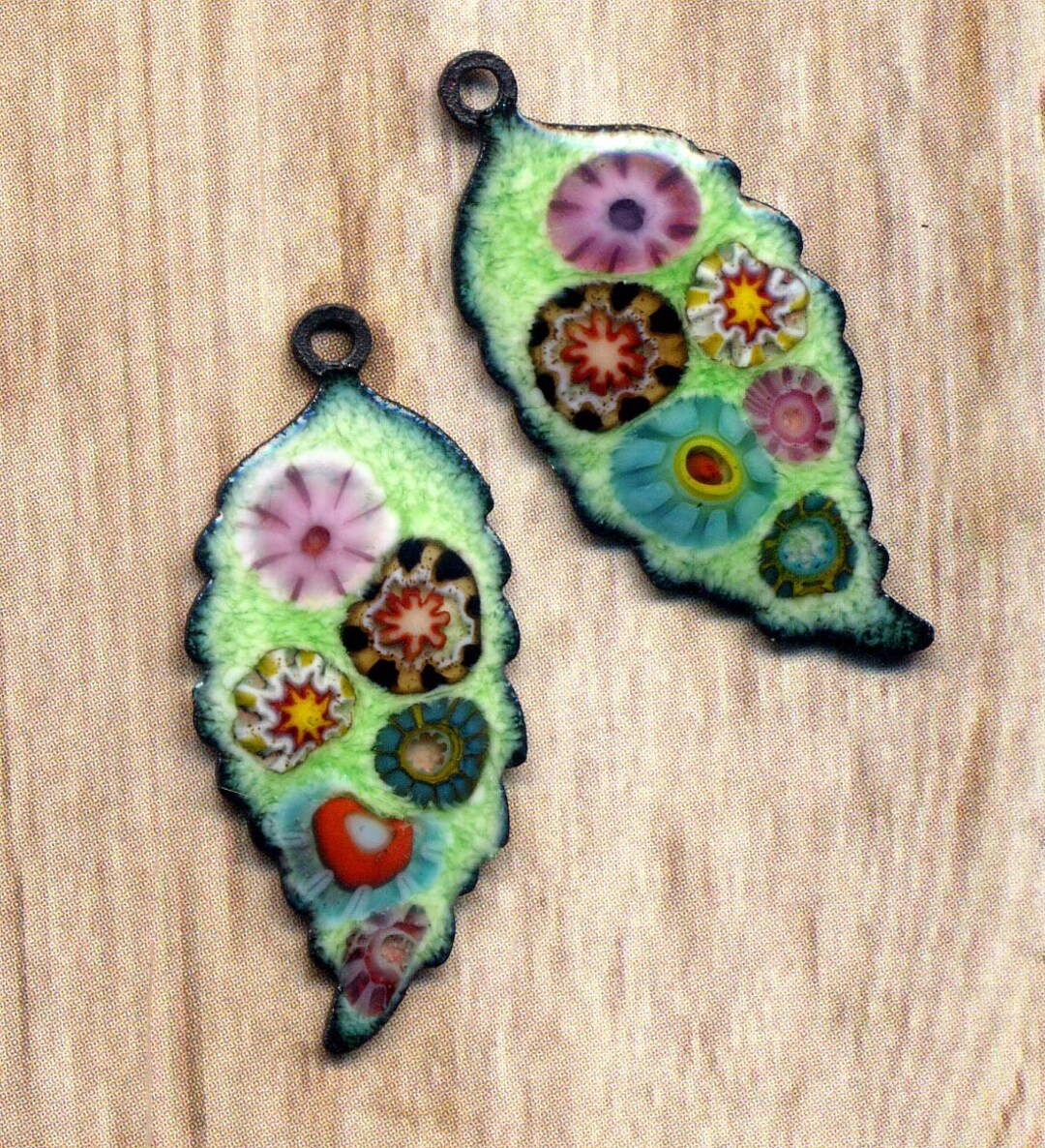 Handmade Enamel Charms Green Copper Leaf Lavender Charm Artisan Earring