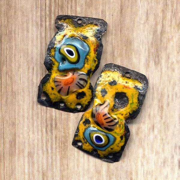 Turquoise Yellow Handmade Enamel Charms Rustic Copper Rustic Charm Earrings Component pair Jewelry making links annabeads72