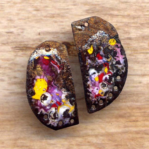 Pink Yellow Handmade Enamel Charms Rustic Copper Rustic Charm Earrings Component pair Jewelry making links annabeads72