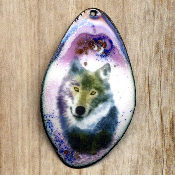 Large Organic Handmade Enamel Wolf Pendant Copper Necklace Component Vitreous Enamel Jewelry making supply by annabeads72