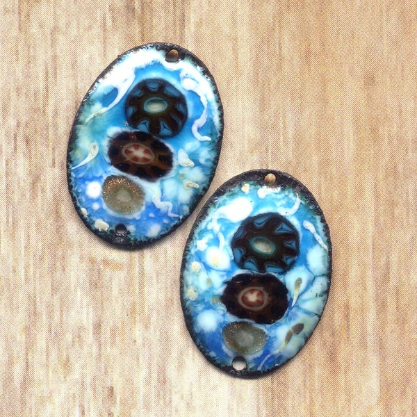 Blue Water Flow Handmade Enamel Charms Rustic Copper Charm Earrings Component pair Jewelry making links annabeads72