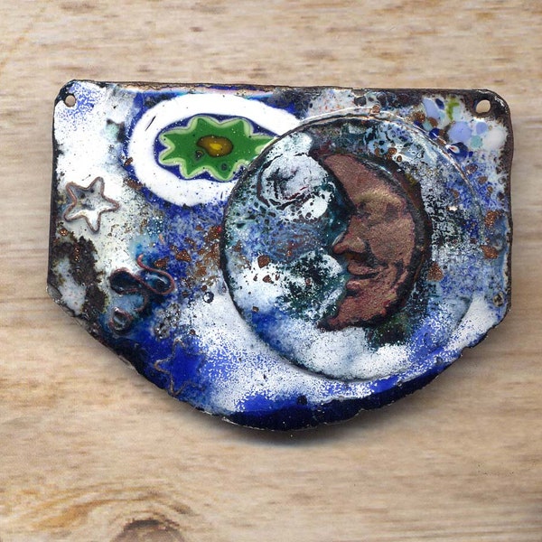 XXL Handmade Enamel Pendant Copper Necklace Moon Component Pagan Enamel Jewelry making supply by annabeads72