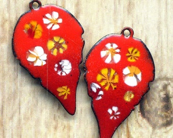 Handmade Enamel Charms Red Flower Copper Leaf Orange Charm Artisan Earring Component Enamel pair Jewelry making links by annabeads72