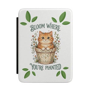 Capa para Kindle com estampa de gato em vaso de plantas | Ilustração de folhas florais