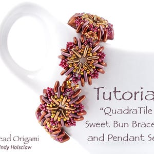 May include: A beaded bracelet and pendant set in shades of brown, gold, and red. The bracelet is made of small, round beads arranged in a geometric pattern. The pendant is a matching design. The image includes the text "Tutorial "Quadra Tile Sweet Bun Bracelet and Pendant Set".