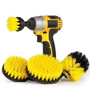 May include: A set of four yellow and black drill brush attachments for cleaning. The brushes are designed to fit a drill and are ideal for cleaning hard-to-reach areas. The set includes a round brush, a cone brush, and two smaller round brushes.