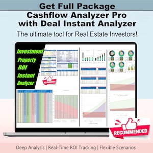 Può includere: Uno schermo di computer portatile che mostra il software Cashflow Analyzer Pro con Deal Instant Analyzer. L'interfaccia presenta vari fogli di calcolo finanziari, tabelle di dati, grafici a torta e grafici di tendenza per l'analisi di investimenti immobiliari, incluso un badge rosso di raccomandazione.