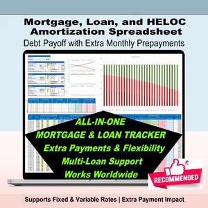 Herramienta de amortización de hipotecas, líneas de crédito con garantía hipotecaria (HELOC), préstamos y solo intereses. Seguimiento completo de hipotecas. Flexibilidad de líneas de crédito con garantía hipotecaria y préstamos. Liquidación de deudas con efecto bola de nieve.