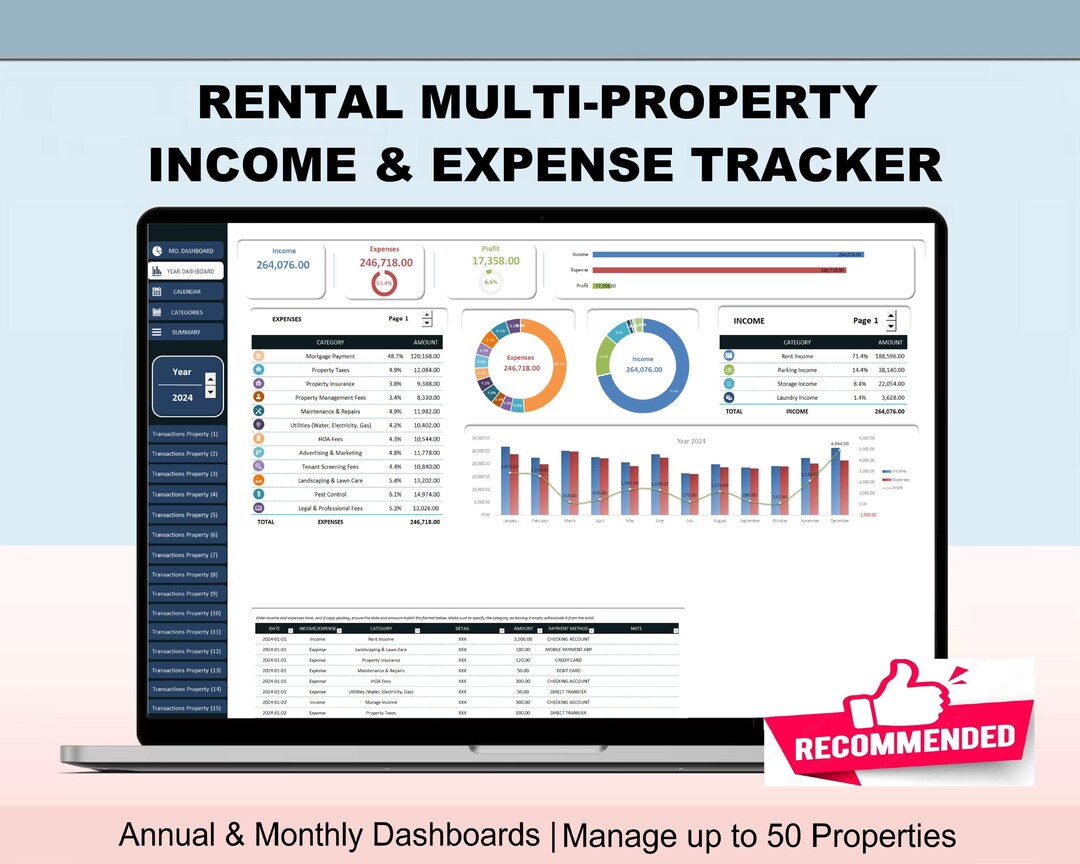 Printable Rental Bookkeeping Rental Multi Property Income and Expense Tracker Template Landlord ...