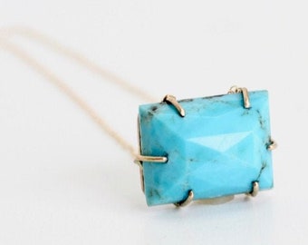 Turquoise Rose Cut Rectangle Necklace in Recycled 14k yellow gold