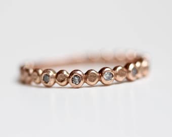 Grey Diamond Wedding Band - Recycled 14k Rose Gold - Beaded Salt and Pepper Diamond Stacking Ring - Bezel Set Diamond Ring