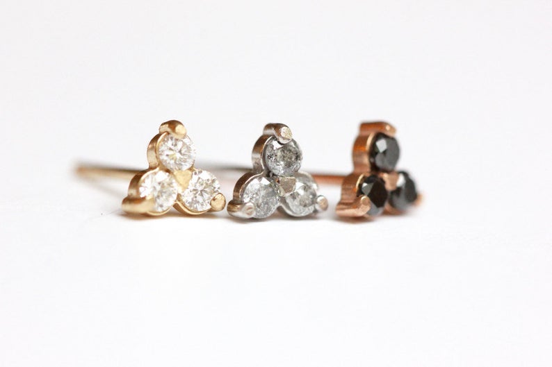 Diamond Trio Stud in 14k Gold Diamond Earring Post Earring Etsy