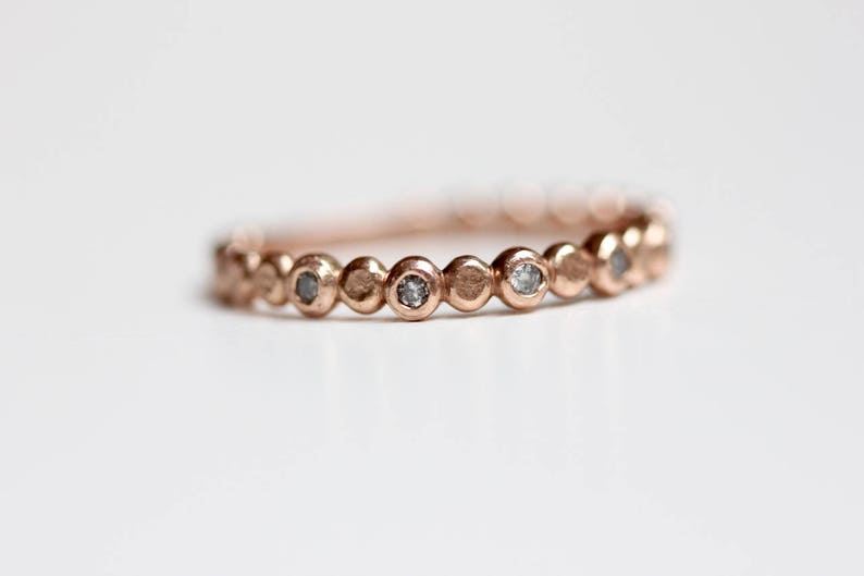 Grey Diamond Wedding Band Recycled 14k Rose Gold Beaded Salt and Pepper Diamond Stacking Ring Bezel Set Diamond Ring image 1